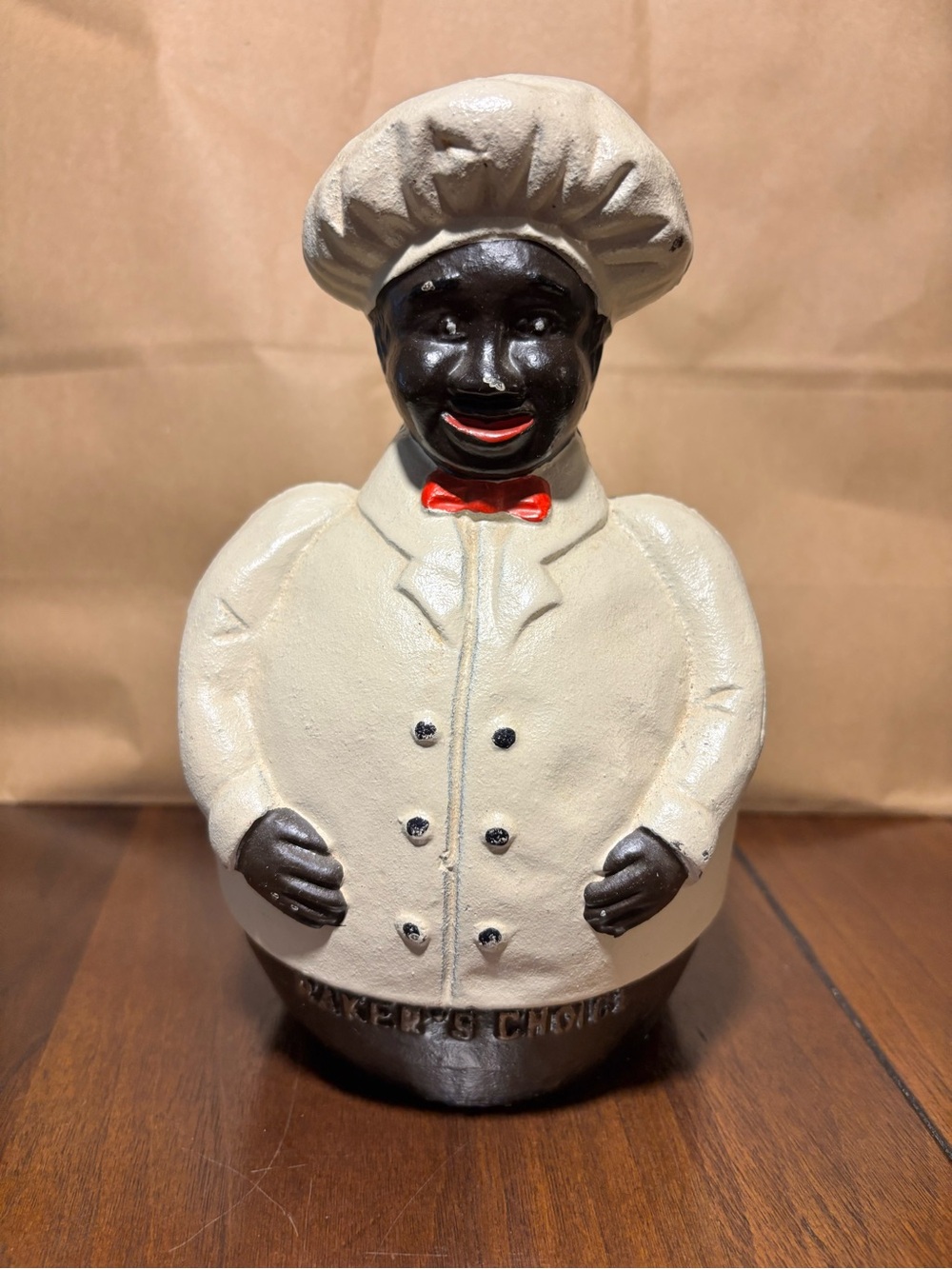 Jolly Chef Cast Iron Bank Cream Chef Decorative Kitchen Cookie Jar with Red Bow